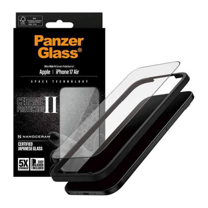 Verre trempé UWF Ceramic II avec applicateur pour iPhone 17 Air, Noir, PanzerGlass