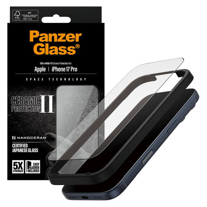 Verre trempé UWF Ceramic II avec applicateur pour iPhone 17 Pro, Noir, PanzerGlass