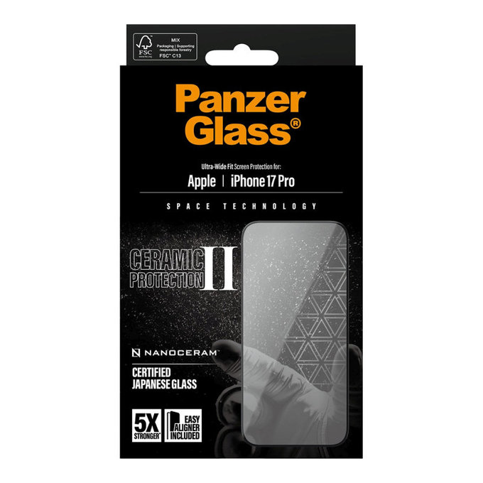 Verre trempé UWF Ceramic II avec applicateur pour iPhone 17 Pro, Noir, PanzerGlass