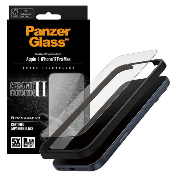 Verre trempé UWF Ceramic II avec applicateur pour iPhone 17 Pro Max, Noir, PanzerGlass