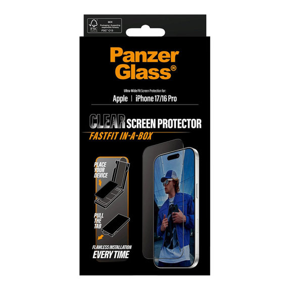 Verre trempé UWF avec Fastfit pour iPhone 17/16 Pro, Noir, PanzerGlass