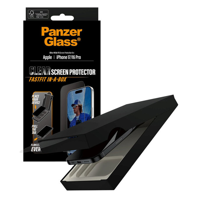 Verre trempé UWF avec Fastfit pour iPhone 17/16 Pro, Noir, PanzerGlass