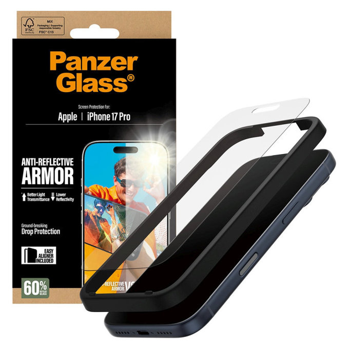 Verre trempé Anti-Reflective avec applicateur pour iPhone 17 Pro, Noir, PanzerGlass