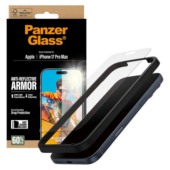 Verre trempé Anti-Reflective avec applicateur pour iPhone 17 Pro Max, Noir, PanzerGlass
