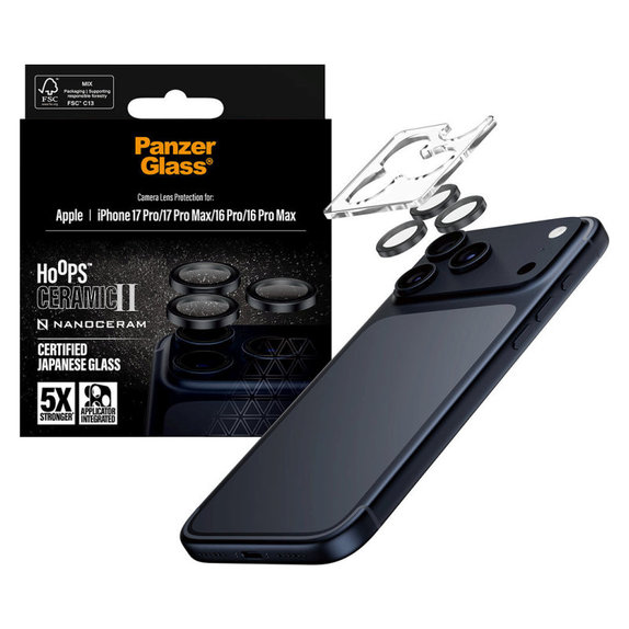 Protection d'objectif Hoops Ceramic II pour iPhone 17 Pro Max/17 Pro/16 Pro Max/16 Pro, noir, PanzerGlass