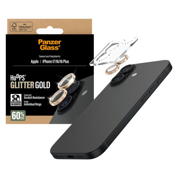 Protection d’objectif photo Hoops pour iPhone 17/16 Plus/16, Glitter Gold, PanzerGlass