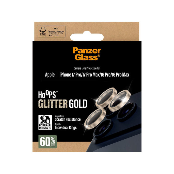 Protection d’objectif photo Hoops pour iPhone 17 Pro Max/17 Pro/16 Pro Max/16 Pro, Glitter Gold, PanzerGlass