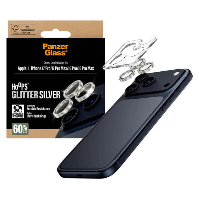 Protection d’objectif photo Hoops pour iPhone 17 Pro Max/17 Pro/16 Pro Max/16 Pro, Glitter Silver, PanzerGlass