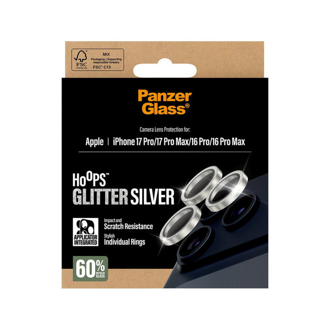 Protection d’objectif photo Hoops pour iPhone 17 Pro Max/17 Pro/16 Pro Max/16 Pro, Glitter Silver, PanzerGlass