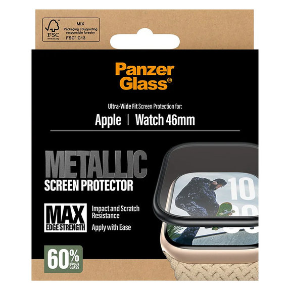 Verre trempé UWF METALLIC pour Apple Watch 11/10 46 mm, Noir, PanzerGlass