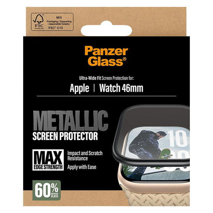 Verre trempé UWF METALLIC pour Apple Watch 11/10 46 mm, Noir, PanzerGlass