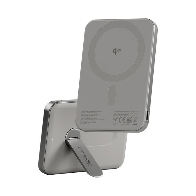 PowerBank sans fil 5000 mAh, avec support rotatif 20 W, compatible MagSafe, Qi2/USB-C, Titane, empower