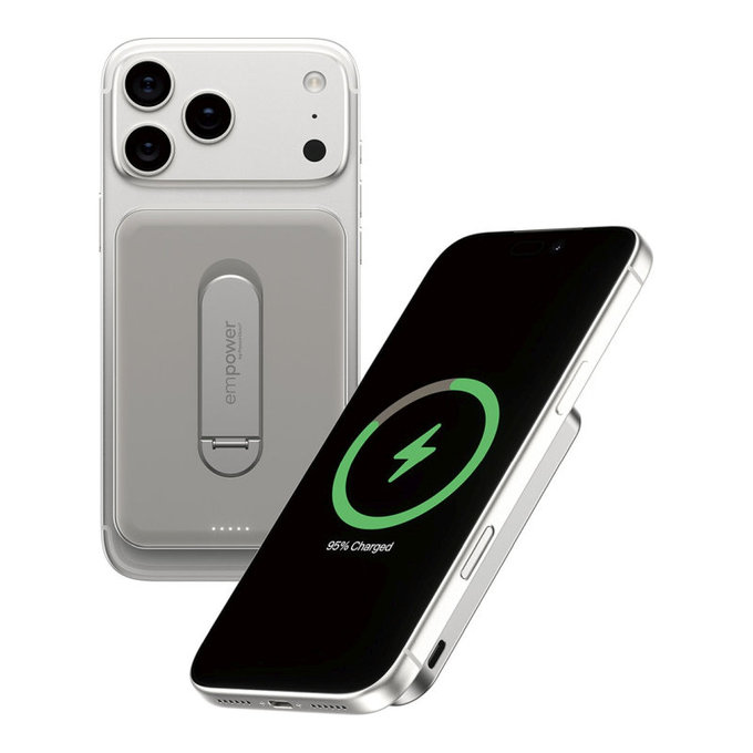PowerBank sans fil 5000 mAh, avec support rotatif 20 W, compatible MagSafe, Qi2/USB-C, Titane, empower