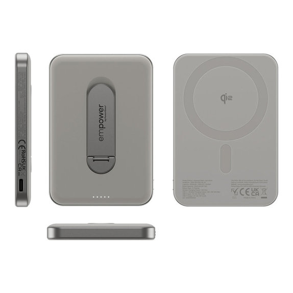 PowerBank sans fil 5000 mAh, avec support rotatif 20 W, compatible MagSafe, Qi2/USB-C, Titane, empower