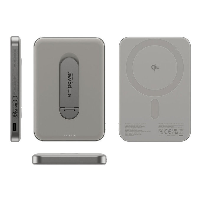 PowerBank sans fil 5000 mAh, avec support rotatif 20 W, compatible MagSafe, Qi2/USB-C, Titane, empower