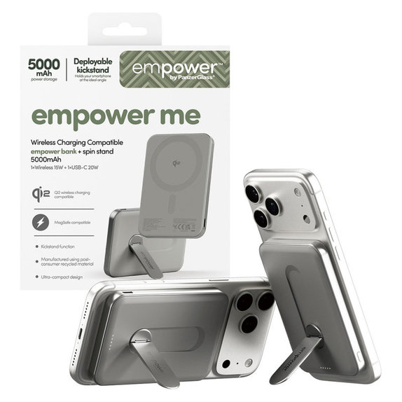 PowerBank sans fil 5000 mAh, avec support rotatif 20 W, compatible MagSafe, Qi2/USB-C, Titane, empower