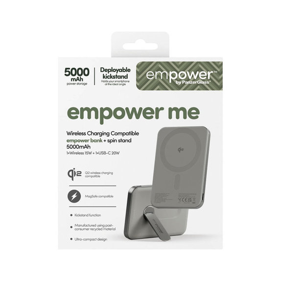PowerBank sans fil 5000 mAh, avec support rotatif 20 W, compatible MagSafe, Qi2/USB-C, Titane, empower
