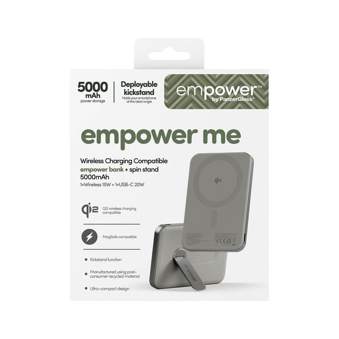 PowerBank sans fil 5000 mAh, avec support rotatif 20 W, compatible MagSafe, Qi2/USB-C, Titane, empower