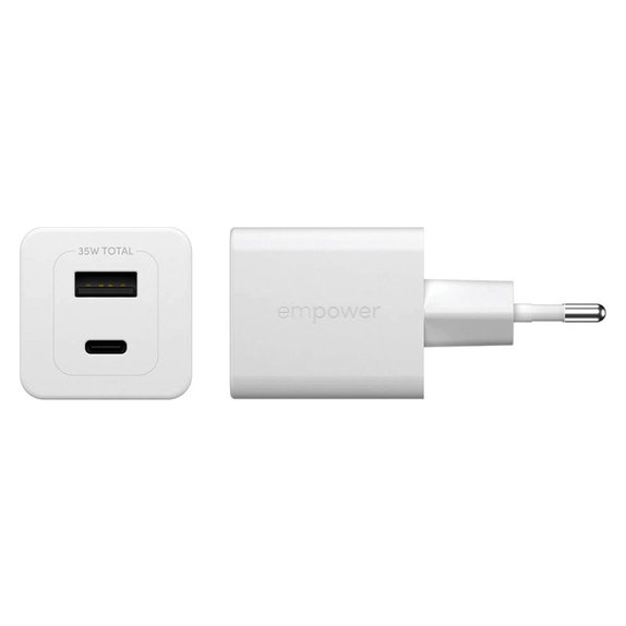 Adaptateur de voyage Grand Prix USB-C/USB-A, GaN, 35 W PD, blanc argenté, empower