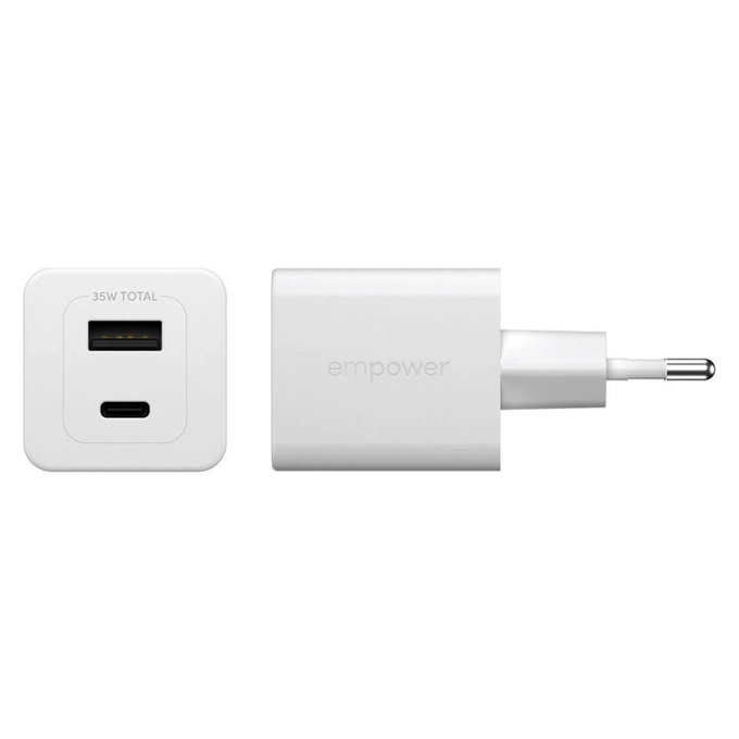 Adaptateur de voyage Grand Prix USB-C/USB-A, GaN, 35 W PD, blanc argenté, empower