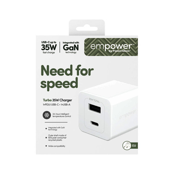 Adaptateur de voyage Grand Prix USB-C/USB-A, GaN, 35 W PD, blanc argenté, empower