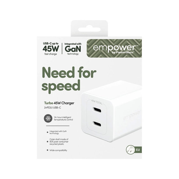 Adaptateur de voyage Grand Prix 2x USB-C, GaN, 45 W PD, Blanc argenté, empower