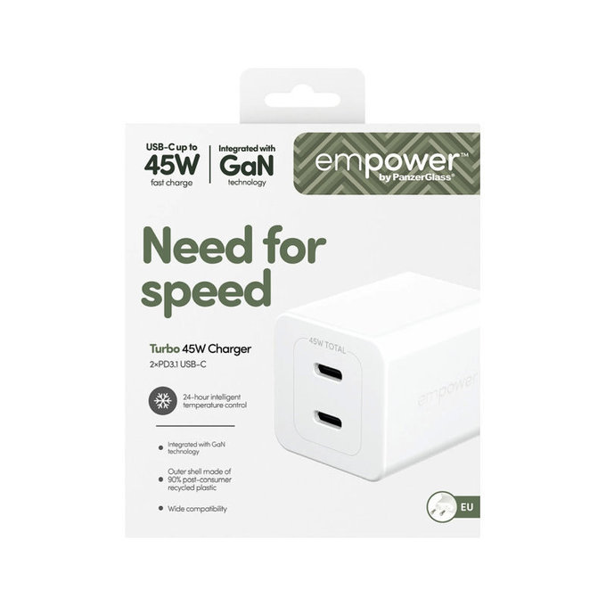 Adaptateur de voyage Grand Prix 2x USB-C, GaN, 45 W PD, Blanc argenté, empower