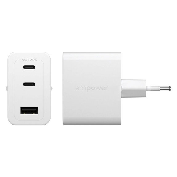 Adaptateur de voyage Grand Prix 2x USB-C/USB-A, GaN, 70 W PD, Blanc argenté, empower