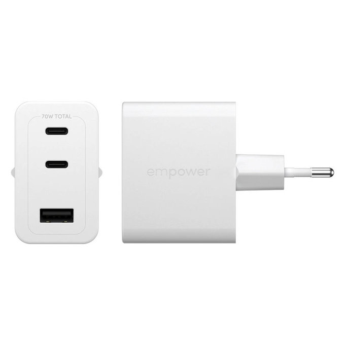 Adaptateur de voyage Grand Prix 2x USB-C/USB-A, GaN, 70 W PD, Blanc argenté, empower