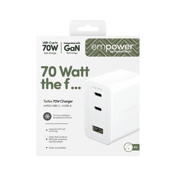 Adaptateur de voyage Grand Prix 2x USB-C/USB-A, GaN, 70 W PD, Blanc argenté, empower