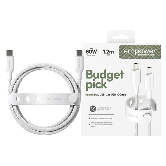 Câble USB-C, 60 W, Racing, 1,2 m, blanc argenté, empower