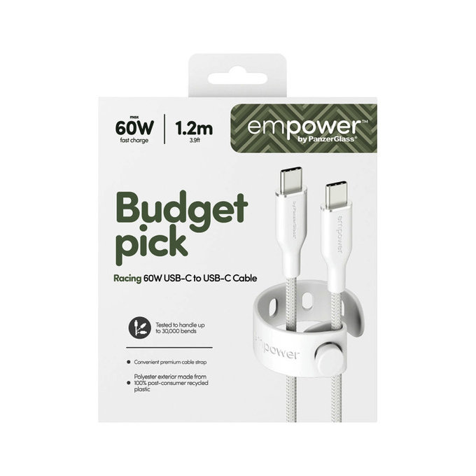 Câble USB-C, 60 W, Racing, 1,2 m, blanc argenté, empower