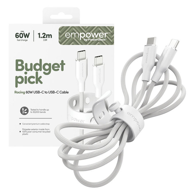 Câble USB-C, 60 W, Racing, 1,2 m, blanc argenté, empower