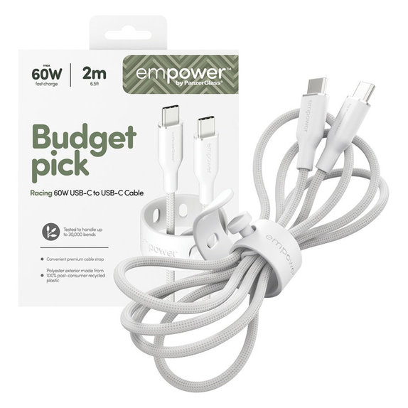 Câble USB-C, 60 W, Racing, 2 m, Blanc argenté, empower