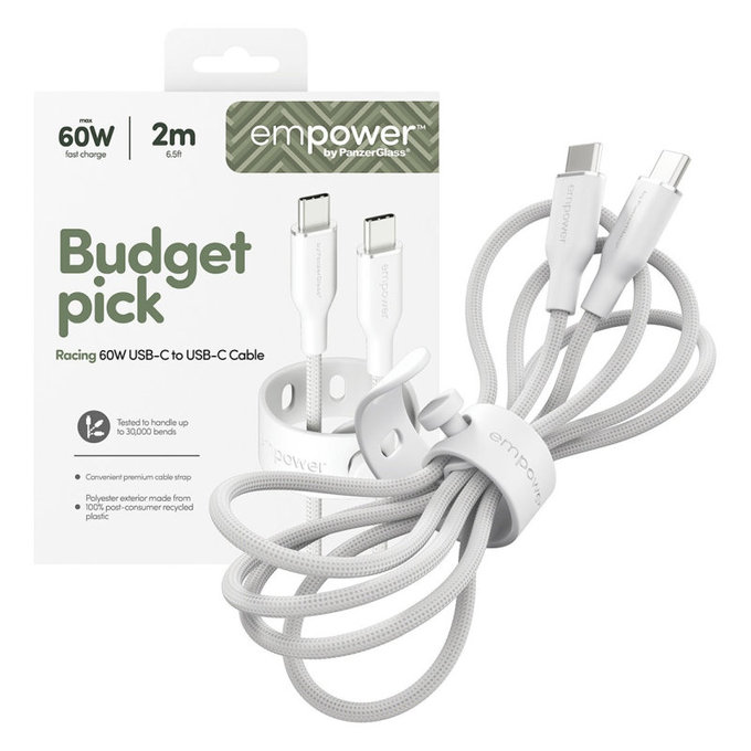 Câble USB-C, 60 W, Racing, 2 m, Blanc argenté, empower