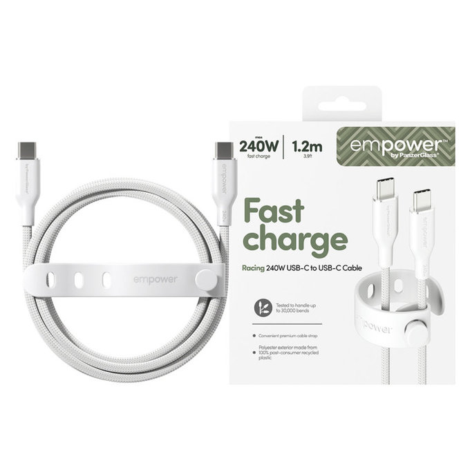 Câble USB-C, 240 W, Racing, 1,2 m, blanc argenté, empower