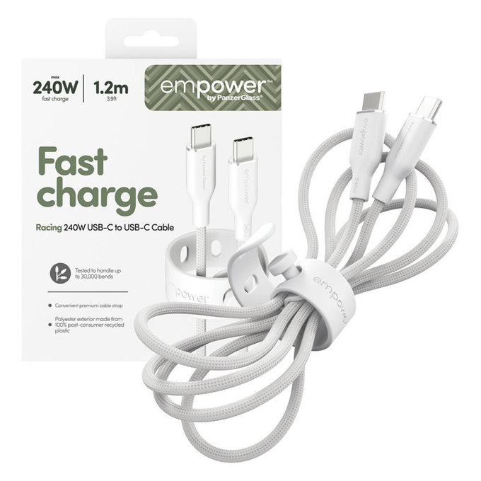 Câble USB-C, 240 W, Racing, 1,2 m, blanc argenté, empower