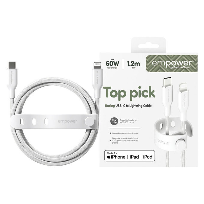 Câble USB-C/Lightning, 60 W, Racing, 1, 2 m, Blanc argenté, empower