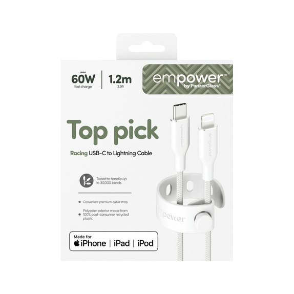 Câble USB-C/Lightning, 60 W, Racing, 1, 2 m, Blanc argenté, empower