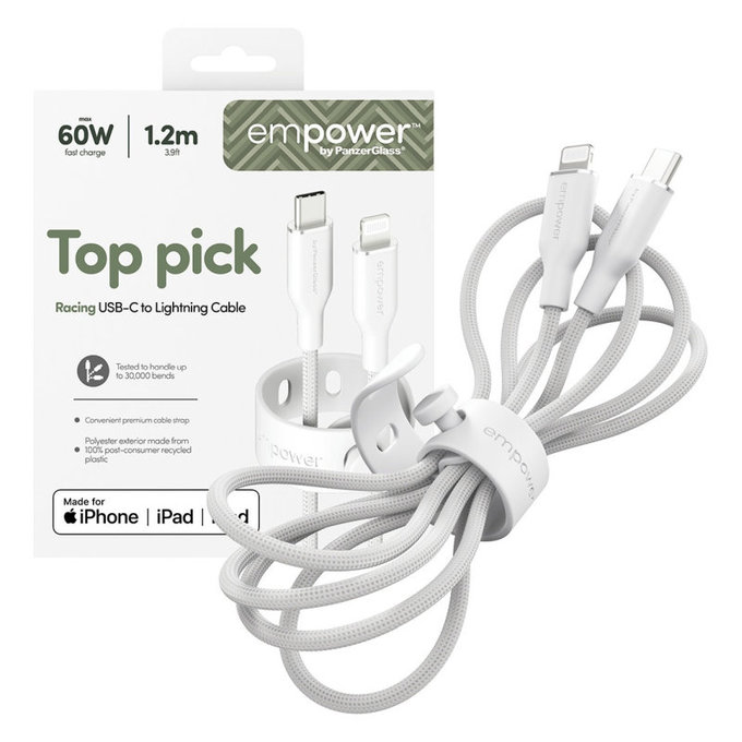 Câble USB-C/Lightning, 60 W, Racing, 1, 2 m, Blanc argenté, empower