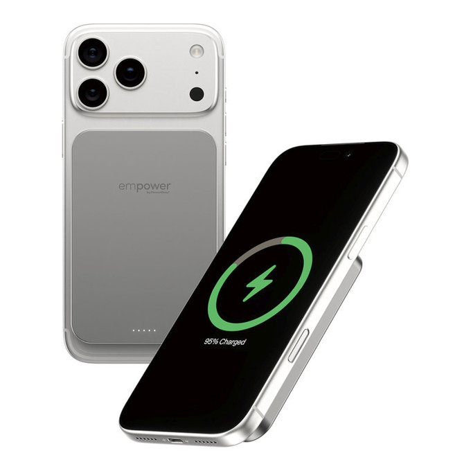PowerBank sans fil 5000 mAh, 20 W, compatible avec MagSafe, Qi2/USB-C, Titane, empower