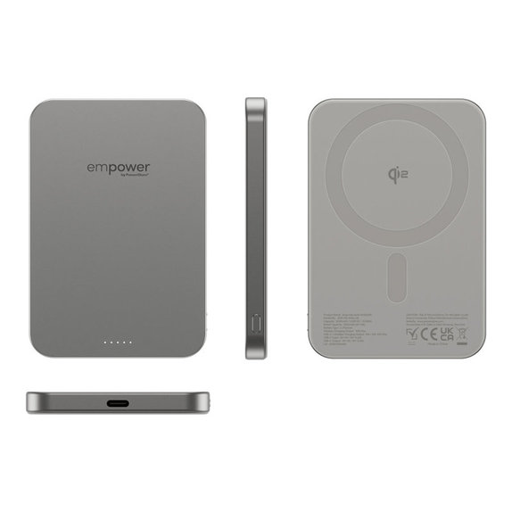 PowerBank sans fil 5000 mAh, 20 W, compatible avec MagSafe, Qi2/USB-C, Titane, empower
