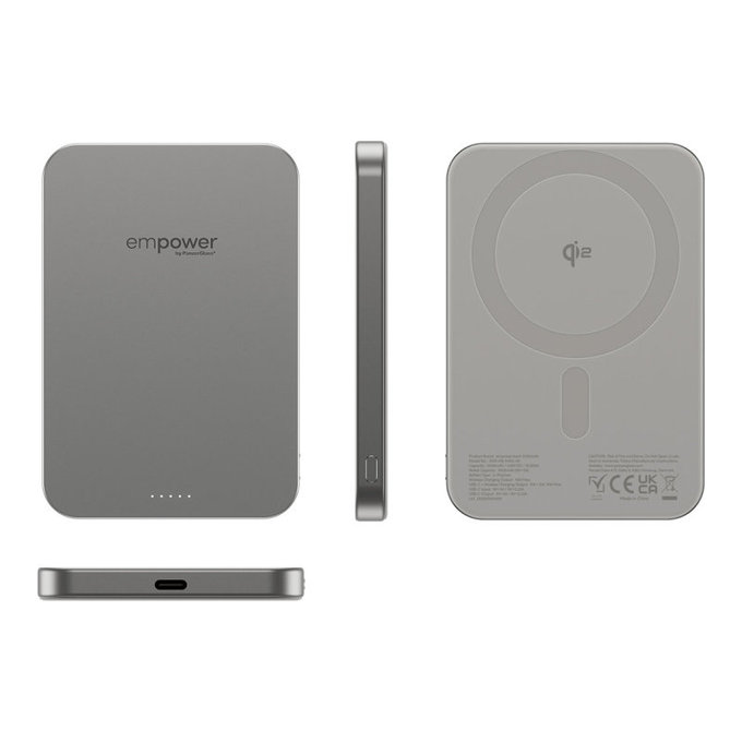 PowerBank sans fil 5000 mAh, 20 W, compatible avec MagSafe, Qi2/USB-C, Titane, empower