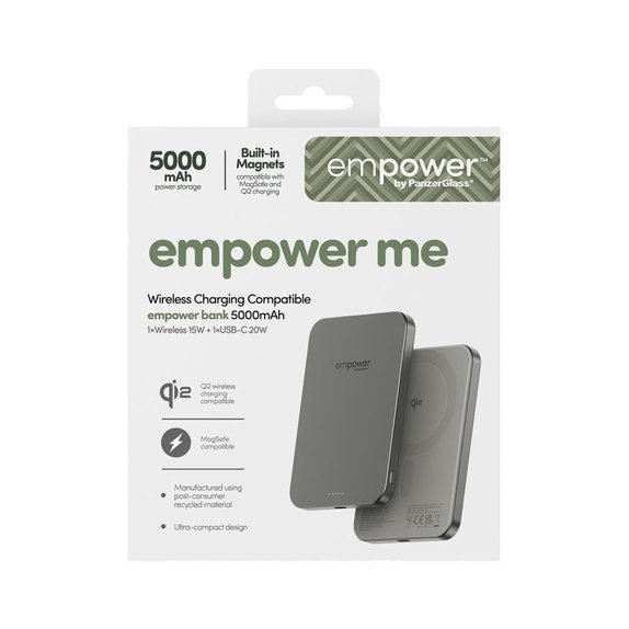 PowerBank sans fil 5000 mAh, 20 W, compatible avec MagSafe, Qi2/USB-C, Titane, empower
