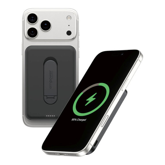 PowerBank sans fil 5000 mAh avec support rotatif, 20 W, compatible avec MagSafe, Qi2/USB-C, Space Black, empower