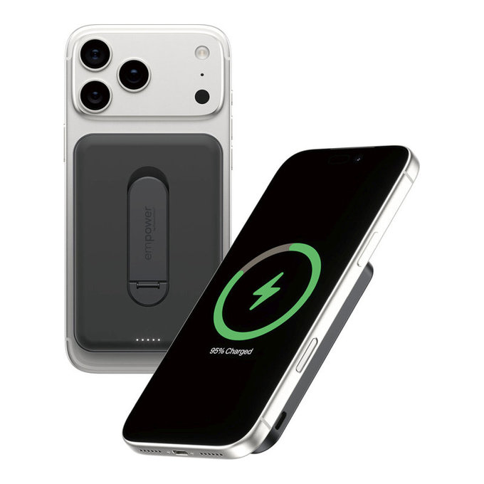 PowerBank sans fil 5000 mAh avec support rotatif, 20 W, compatible avec MagSafe, Qi2/USB-C, Space Black, empower