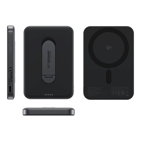PowerBank sans fil 5000 mAh avec support rotatif, 20 W, compatible avec MagSafe, Qi2/USB-C, Space Black, empower