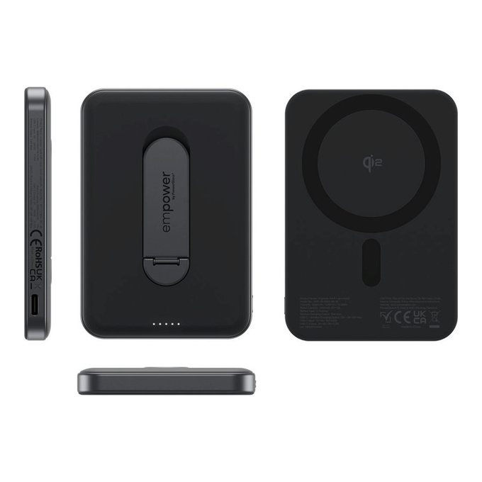 PowerBank sans fil 5000 mAh avec support rotatif, 20 W, compatible avec MagSafe, Qi2/USB-C, Space Black, empower