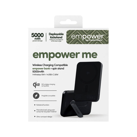 PowerBank sans fil 5000 mAh avec support rotatif, 20 W, compatible avec MagSafe, Qi2/USB-C, Space Black, empower