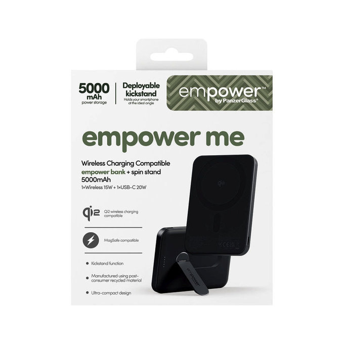 PowerBank sans fil 5000 mAh avec support rotatif, 20 W, compatible avec MagSafe, Qi2/USB-C, Space Black, empower